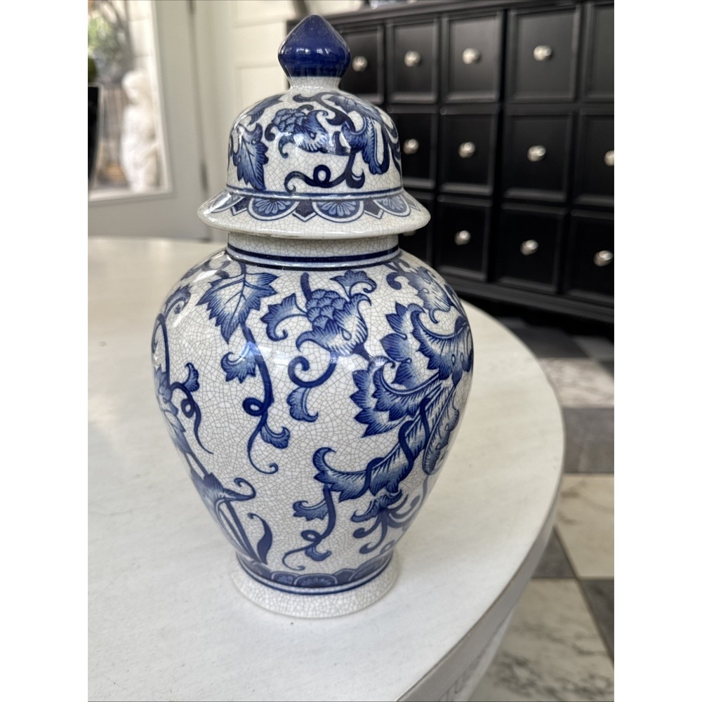 Chinoiserie Ginger Jar Blue White 12"H x 7"W Floral Decorative Vase